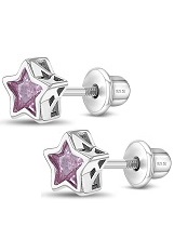 lovely silver pink cubic zirconia star shaped baby birthstone earrings
